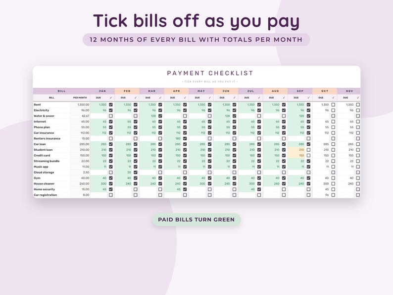 May include: A digital payment checklist template featuring a table with columns for months and rows for various bills. The header reads Tick bills off as you pay and Payment Checklist. Cells turn green when marked as paid with checkboxes.