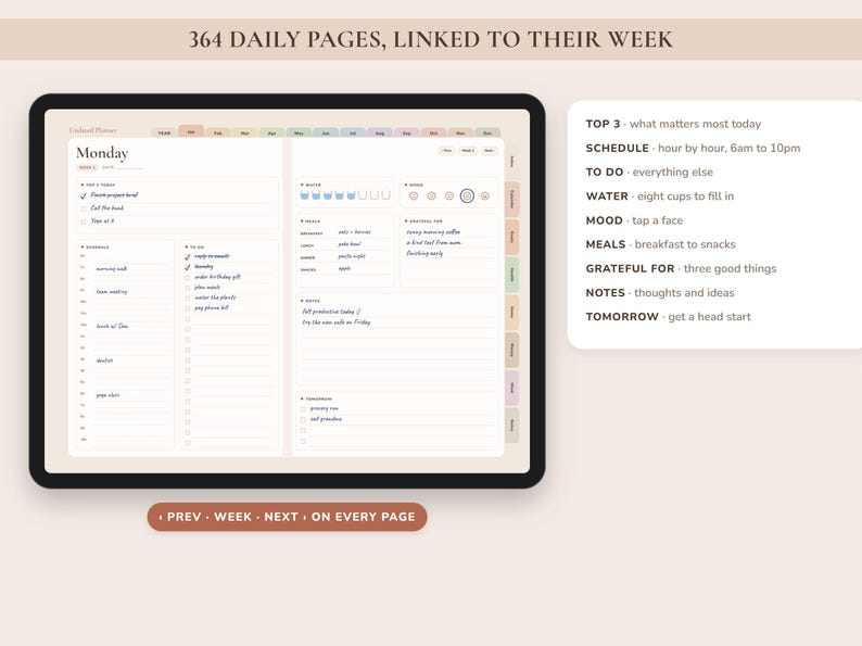 Undated Digital Planner, Hyperlinked Daily Weekly Monthly Pages, Boho Landscape Journal with Habit Tracker image 7