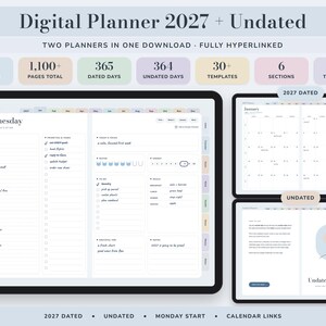 Digital Planner 2027 and Undated, Hyperlinked Daily Weekly Monthly Pages, Dusty Blue Landscape Journal image 1