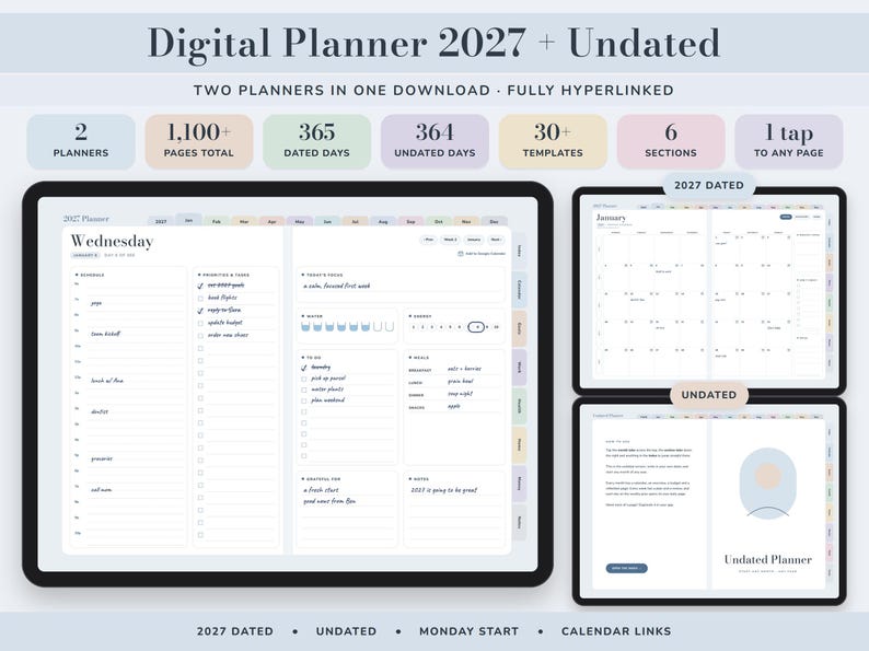 Digital Planner 2027 and Undated, Hyperlinked Daily Weekly Monthly Pages, Dusty Blue Landscape Journal image 1