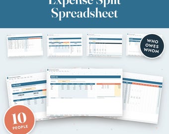 Könnte beinhalten: Eine Google Sheets-Vorlage für eine Ausgaben-Split-Tabelle mit mehreren Ansichten von Datentabellen, Spalten und Zeilen. Der Text enthält "Expense Split Spreadsheet", "Who Owes Whom", "10 People", "Google Sheets", "Roommates", "Trips" und "No Daily Limits".