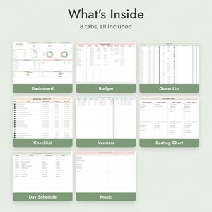 Wedding Planner Spreadsheet Google Sheets, Guest List RSVP Tracker, Seating Chart, Checklist, Sage Design image 2