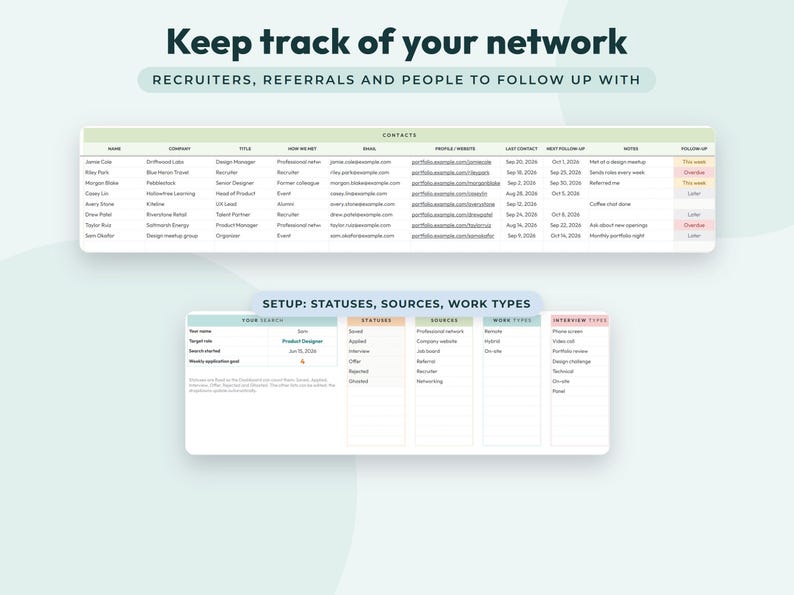 May include: A digital job search tracker template featuring a contacts table with columns for name, company, title, and follow-up status. Below, a setup section organizes statuses, sources, work types, and interview types in a grid layout.