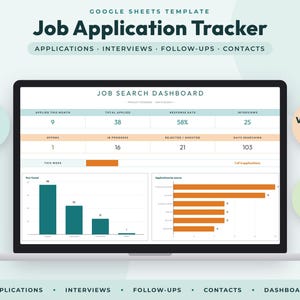 May include: A digital Google Sheets template for a job application tracker displayed on a laptop screen. The dashboard features data tables for applications, interviews, and follow-ups, alongside bar charts visualizing job search progress and metrics.