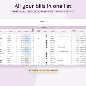 May include: A digital bill tracker spreadsheet with a light purple header titled All your bills in one list. The table includes columns for bill name, category, amount, frequency, due day, first due month, autopay, account, notes, and next due date.