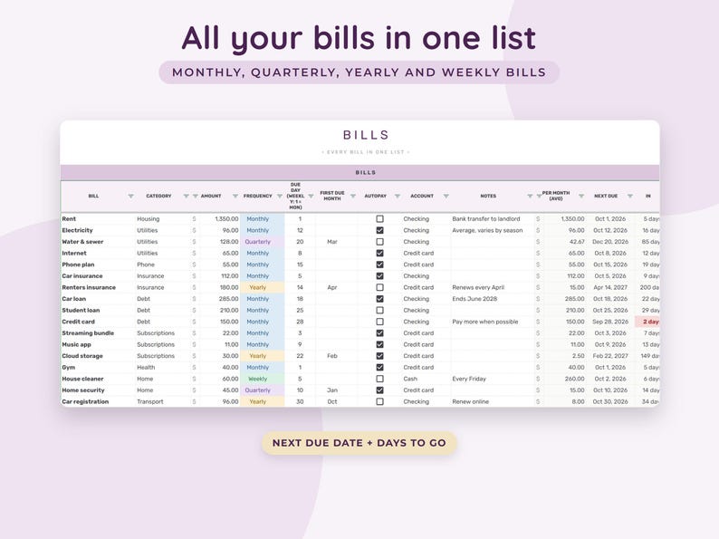 May include: A digital bill tracker spreadsheet with a light purple header titled All your bills in one list. The table includes columns for bill name, category, amount, frequency, due day, first due month, autopay, account, notes, and next due date.