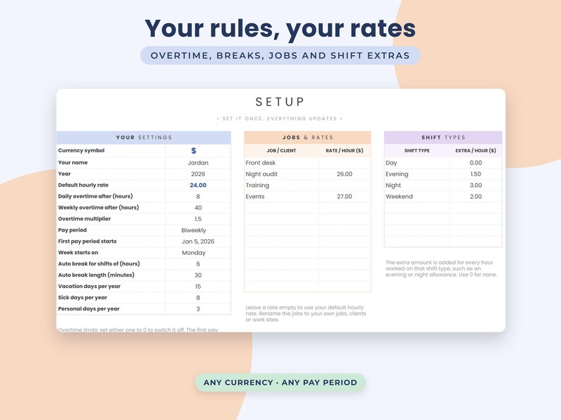 Timesheet Google Sheets Template, Overtime Tracker, Hourly Pay Calculator, Work Hours Log image 7