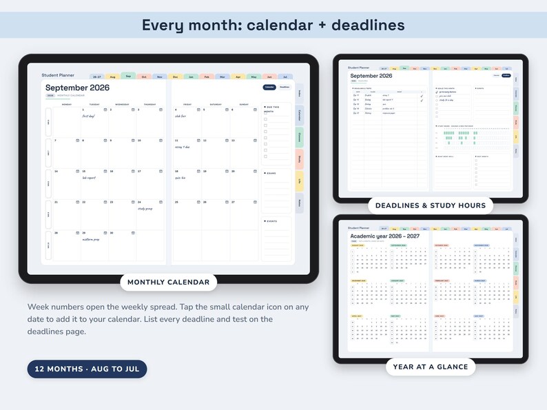 Academic Planner 2026 2027, Hyperlinked Digital Student Agenda with Assignment Tracker and GPA Calculator image 3