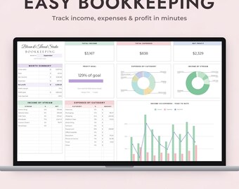 May include: A Google Sheets template for bookkeeping displayed on a laptop screen. The dashboard features a month summary, profit goal, income by stream, expenses by category, and a year-to-date income versus expenses bar and line chart.