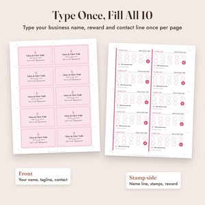 K&ouml;nnte beinhalten: Ein druckbares Blatt mit zehn rosa Visitenkarten mit der Aufschrift Gloss & Glow Nails und Kontaktdaten sowie ein Blatt mit zehn Treuekarten mit Stempelkreisen und dem Text 10th manicure free. Der Text Type Once, Fill All 10 ist zu sehen.