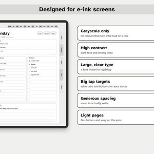 May include: A digital planner interface designed for e-ink screens, featuring a Monday daily schedule, to-do list, and notes section. The layout includes high-contrast text, large fonts, and wide tap targets, with labels for grayscale, spacing, and light pages.