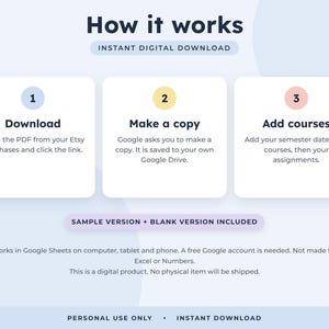 May include: An instructional graphic titled How it works, Instant Digital Download. Three numbered steps: 1. Download, 2. Make a copy, 3. Add courses. Includes text: Sample version + blank version included. Works in Google Sheets on computer, tablet and phone.
