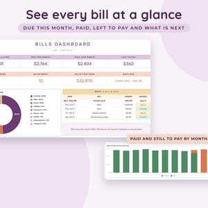 May include: A digital bills dashboard interface featuring a summary table with monthly totals, a donut chart displaying bill categories, and a list of upcoming payments. A secondary bar chart shows paid versus unpaid bills by month.
