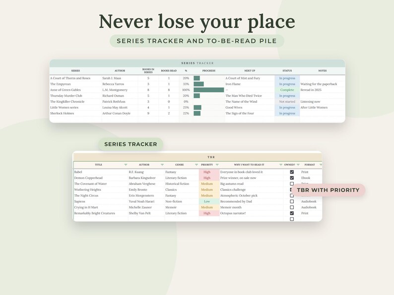 May include: A digital series tracker and to-be-read pile organizer featuring two tables. The top table tracks book series progress with columns for author, books read, and status. The bottom table lists books with priority levels, genres, and formats.