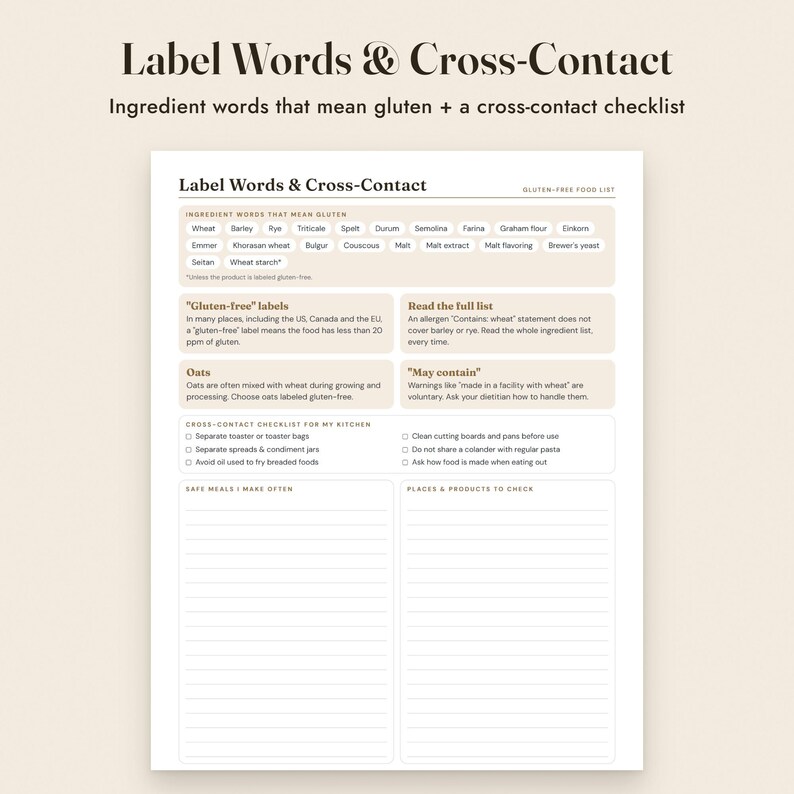 Gluten Free Food List Printable, Celiac Grocery List, Label Guide, Meal Planner, Letter A4 image 6