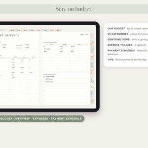 May include: A digital wedding planner displayed on a tablet screen showing a budget overview page with columns for categories, budget, and actual expenses. The interface includes tabs for navigation and a side panel listing features like contributions, expense tracker, and payment schedule.