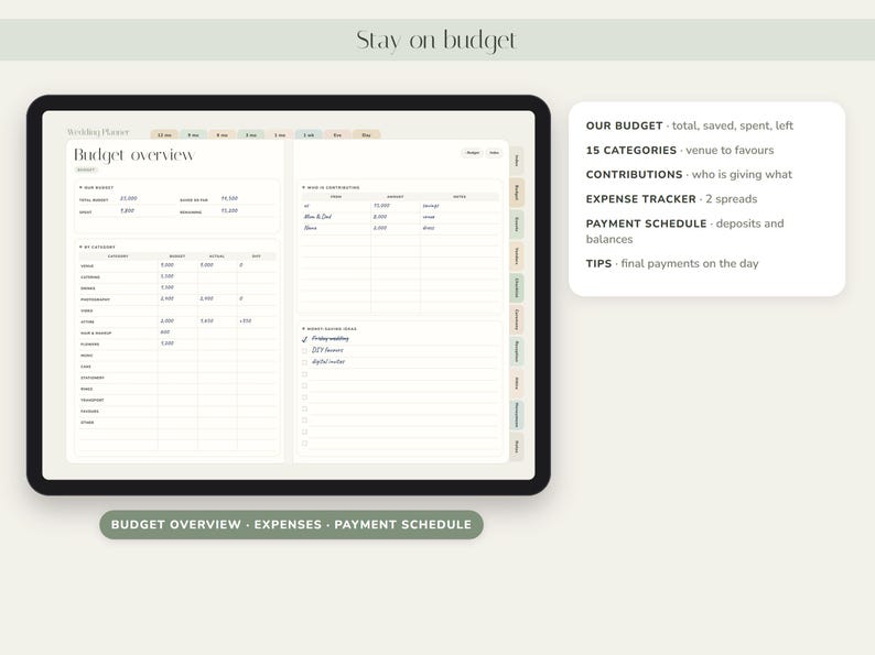 May include: A digital wedding planner displayed on a tablet screen showing a budget overview page with columns for categories, budget, and actual expenses. The interface includes tabs for navigation and a side panel listing features like contributions, expense tracker, and payment schedule.