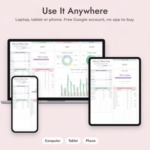 Może przedstawiać: Cyfrowy arkusz kalkulacyjny do księgowości wyświetlany na laptopie, tablecie i smartfonie. Interfejs zawiera tekst Bloom & Thread Studio Bookkeeping, wykresy i dane finansowe. Tekst na g&oacute;rze brzmi Use It Anywhere.