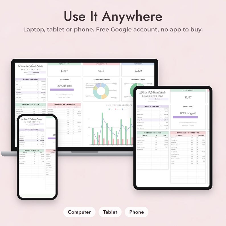 Może przedstawiać: Cyfrowy arkusz kalkulacyjny do księgowości wyświetlany na laptopie, tablecie i smartfonie. Interfejs zawiera tekst Bloom & Thread Studio Bookkeeping, wykresy i dane finansowe. Tekst na g&oacute;rze brzmi Use It Anywhere.
