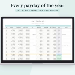 May include: A digital spreadsheet displayed on a laptop screen titled PAYCHECKS, featuring columns for paydays, expected and actual income, bills due, savings, and left to spend. The text reads Every payday of the year and Calculated from your first payday.