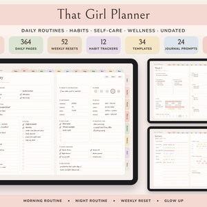 That Girl Planner Digital, Undated Daily Routine, Self Care Journal, Habit Tracker, Glow Up image 1