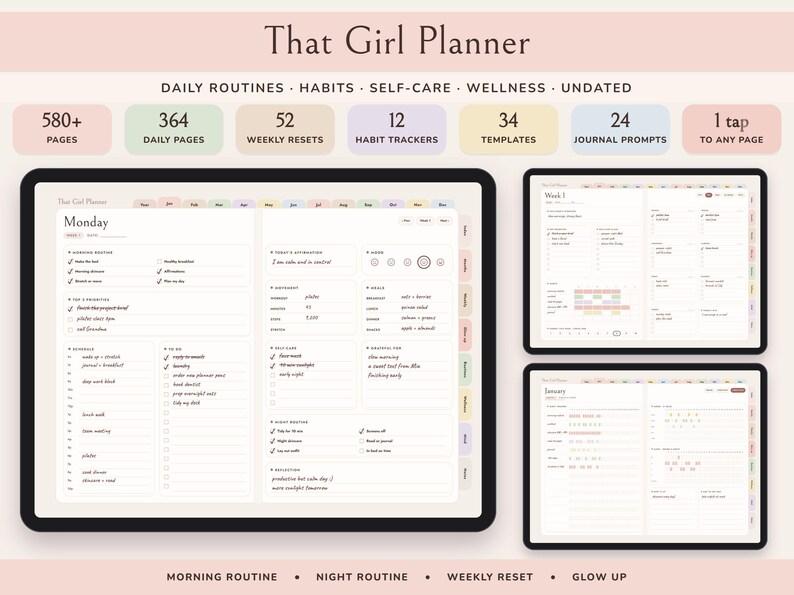 That Girl Planner Digital, Undated Daily Routine, Self Care Journal, Habit Tracker, Glow Up image 1