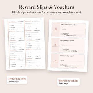 K&ouml;nnte beinhalten: Ein Set aus druckbaren Belohnungsbelegen und Gutscheinen mit dem Text Reward Slips & Vouchers, Fillable slips and vouchers for customers who complete a card. Das linke Blatt enth&auml;lt zehn Belege, w&auml;hrend das rechte Blatt drei Gutscheine mit dem Text You've earned a reward! und einem Geschenksymbol zeigt.