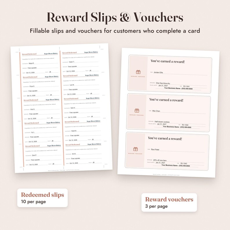 K&ouml;nnte beinhalten: Ein Set aus druckbaren Belohnungsbelegen und Gutscheinen mit dem Text Reward Slips & Vouchers, Fillable slips and vouchers for customers who complete a card. Das linke Blatt enth&auml;lt zehn Belege, w&auml;hrend das rechte Blatt drei Gutscheine mit dem Text You've earned a reward! und einem Geschenksymbol zeigt.