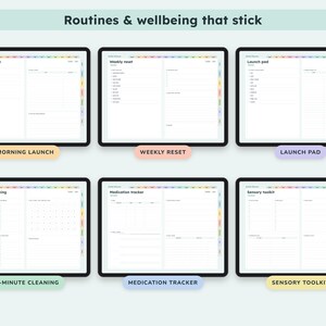 May include: Six digital planner pages titled Routines & wellbeing that stick, featuring templates for Morning routine, Weekly reset, Launch pad, 15-minute cleaning, Medication tracker, and Sensory toolkit with labeled color-coded buttons below each.