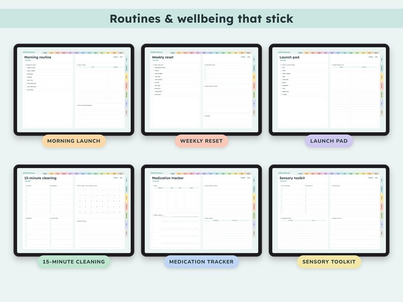 May include: Six digital planner pages titled Routines & wellbeing that stick, featuring templates for Morning routine, Weekly reset, Launch pad, 15-minute cleaning, Medication tracker, and Sensory toolkit with labeled color-coded buttons below each.