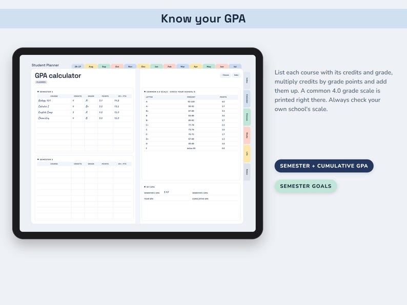 Academic Planner 2026 2027, Hyperlinked Digital Student Agenda with Assignment Tracker and GPA Calculator image 5