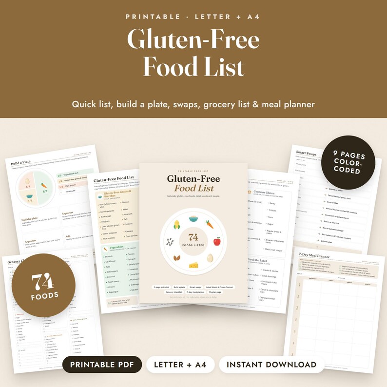 Gluten Free Food List Printable, Celiac Grocery List, Label Guide, Meal Planner, Letter A4 image 1