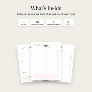 Birthday Calendar Printable, Perpetual Anniversary Calendar, 3 Styles, Monthly and One Page, Letter A4 imagen 2