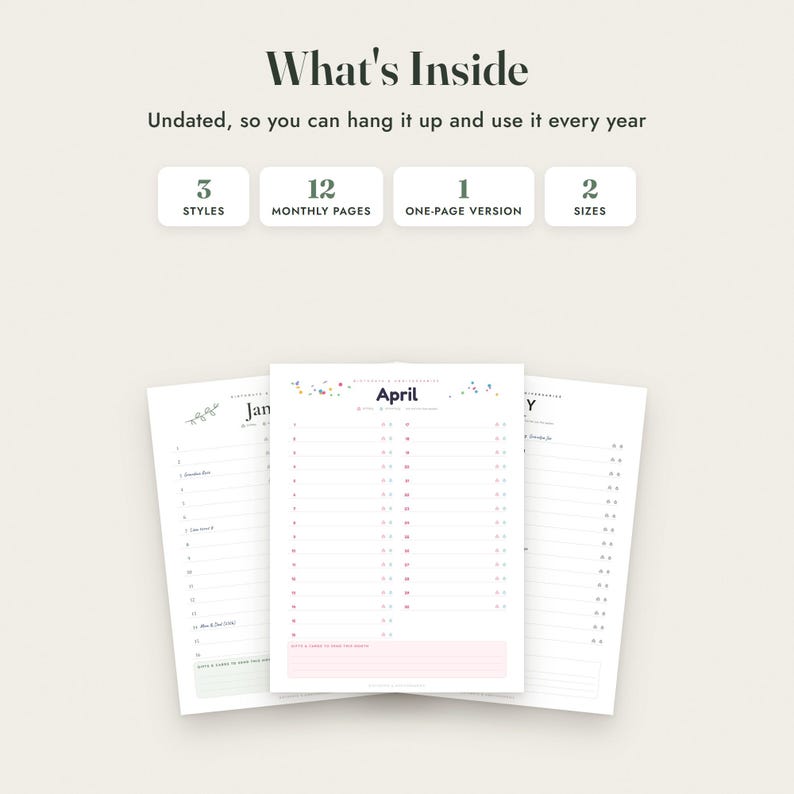 Birthday Calendar Printable, Perpetual Anniversary Calendar, 3 Styles, Monthly and One Page, Letter A4 imagen 2
