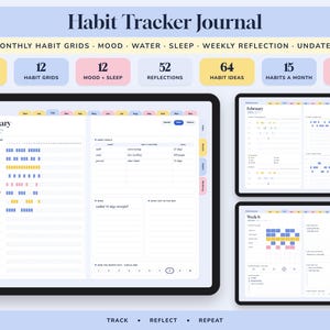 May include: A digital habit tracker journal displayed on tablets, featuring monthly habit grids, mood and sleep trackers, and weekly reflections. The interface includes 132 pages, 12 habit grids, 64 habit ideas, and color-coded tabs for navigation.