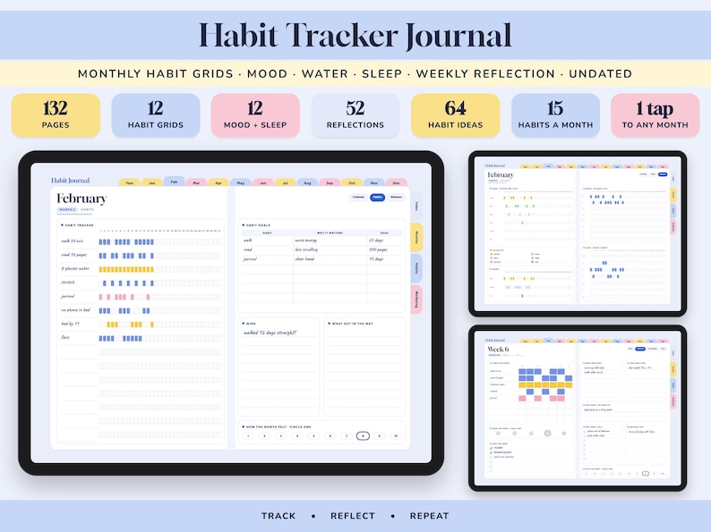 May include: A digital habit tracker journal displayed on tablets, featuring monthly habit grids, mood and sleep trackers, and weekly reflections. The interface includes 132 pages, 12 habit grids, 64 habit ideas, and color-coded tabs for navigation.