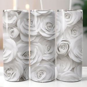 3D White Flowers Design 20 oz Tumbler Rose  3d Roses Tumbler Wrap Tumbler Design Sublimation Design 3d Flowers Rose Tumbler Wrap