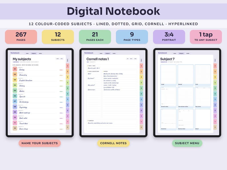 Digital Notebook, 12 Colour Coded Subject Tabs, Hyperlinked Lined, Dotted, Grid and Cornell Pages image 1