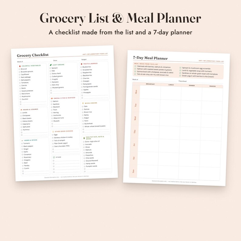 Lista de alimentos antiinflamatorios imprimible, lista de la compra, planificador de comidas, sustituciones de alimentos, tamaño carta A4 imagen 7