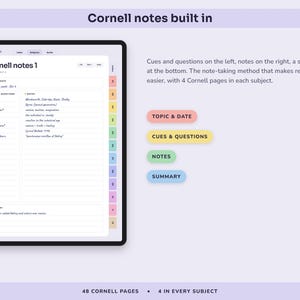 Digital Notebook, 12 Colour Coded Subject Tabs, Hyperlinked Lined, Dotted, Grid and Cornell Pages image 4
