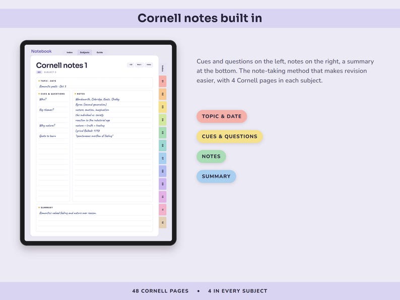 Digital Notebook, 12 Colour Coded Subject Tabs, Hyperlinked Lined, Dotted, Grid and Cornell Pages image 4