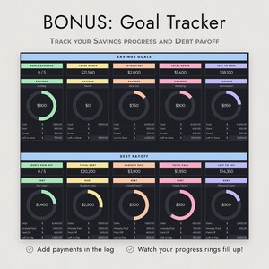 Dark Mode Budget Spreadsheet Google Sheets, Pastel Paycheck and Monthly Planner, Savings Debt Goals image 7