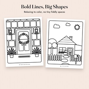 May include: Two black and white colouring pages with bold lines and big shapes. The left page shows a front door with a wreath and lanterns, labelled 21 FRONT DOOR WELCOME. The right page shows a cottage with a fence, sun, and clouds, labelled 22 LITTLE COTTAGE.
