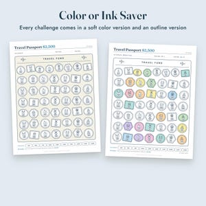 May include: Two printable travel fund savings trackers titled Travel Passport $2,500. One sheet features black outlines on a cream background, while the other includes pastel-coloured icons. Both contain rows of shapes with numerical values.