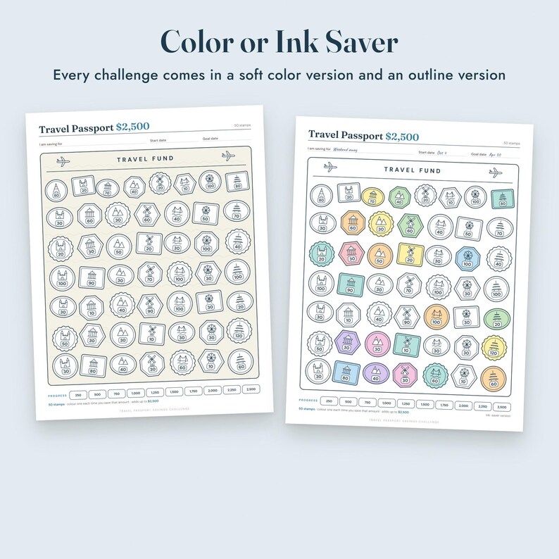 May include: Two printable travel fund savings trackers titled Travel Passport $2,500. One sheet features black outlines on a cream background, while the other includes pastel-coloured icons. Both contain rows of shapes with numerical values.