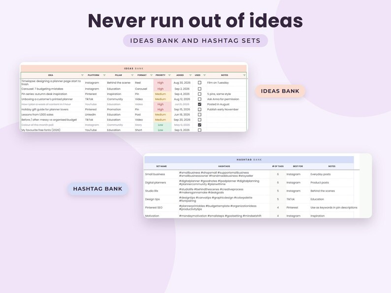 May include: A digital content planning tool featuring an Ideas Bank table and a Hashtag Bank table. The text reads Never run out of ideas, IDEAS BANK, and HASHTAG BANK. The tables include columns for ideas, platforms, pillars, formats, and notes.
