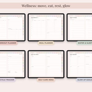 May include: A digital wellness planner set featuring six screens labeled Workout planner, Meal planner, Water & sleep, Cycle tracker, Self-care menu, and Glow up goals. The interface includes tabs, checkboxes, and lined sections for tracking daily habits.