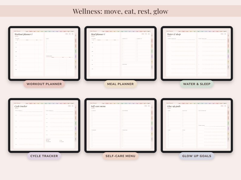 May include: A digital wellness planner set featuring six screens labeled Workout planner, Meal planner, Water & sleep, Cycle tracker, Self-care menu, and Glow up goals. The interface includes tabs, checkboxes, and lined sections for tracking daily habits.