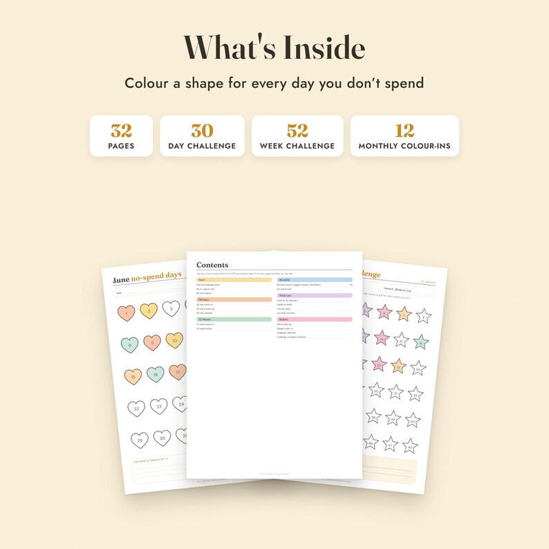 No Spend Challenge Printable, 30 Day, 52 Week, Monthly Color In Tracker, Letter A4 image 2