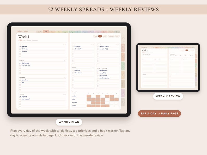 Undated Digital Planner, Hyperlinked Daily Weekly Monthly Pages, Boho Landscape Journal with Habit Tracker image 6
